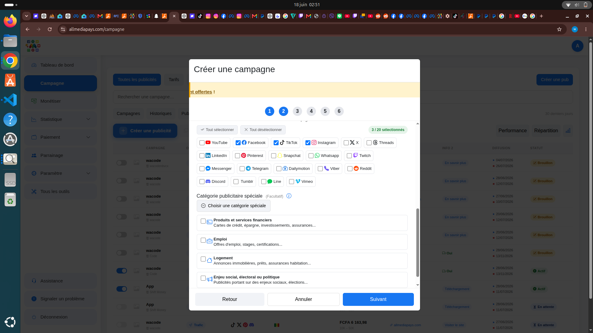 Étape 2 de la modale : sélection des réseaux sociaux cibles